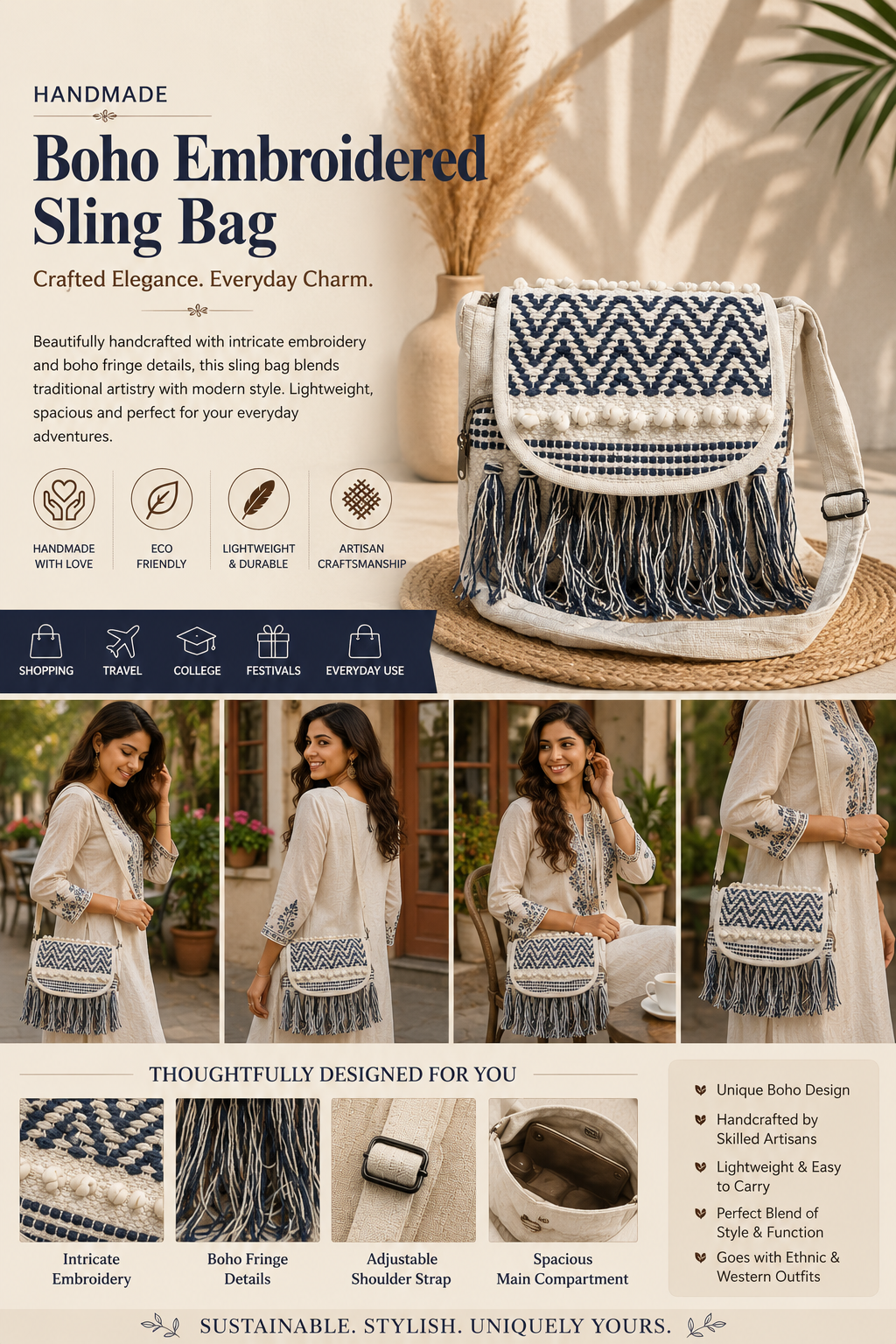 Fibre Gold Handmade Boho Embroidered Sling Bag for Women - Image 7