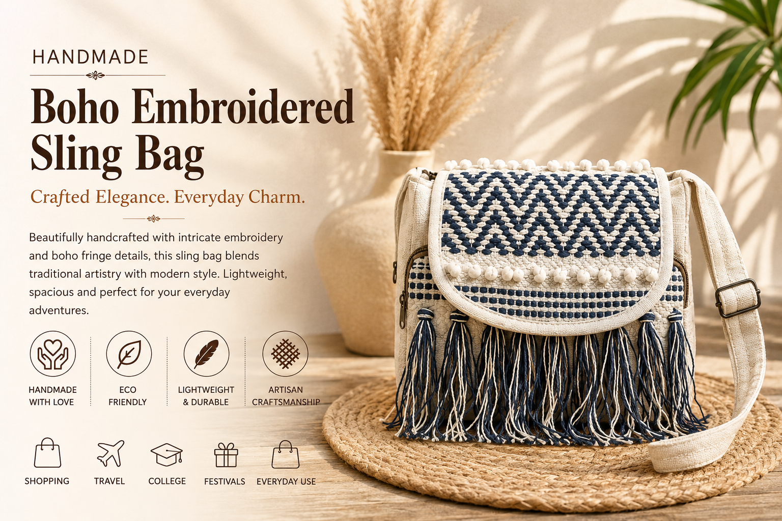 Fibre Gold Handmade Boho Embroidered Sling Bag for Women - Image 6