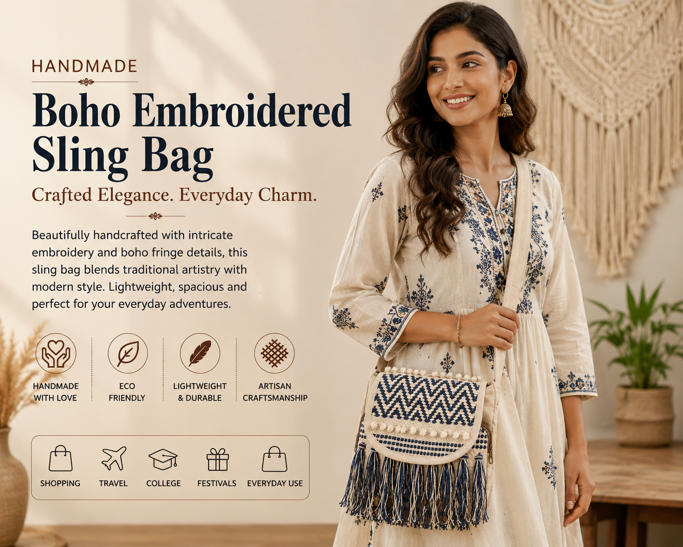 Fibre Gold Handmade Boho Embroidered Sling Bag for Women - Image 5