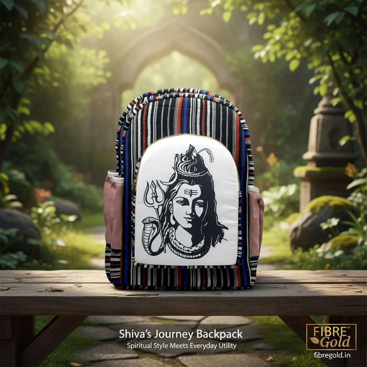 Fibre Gold Shiva's Journey Backpack – Handmade Spiritual Print Backpack for Everyday Travel & Daily Use