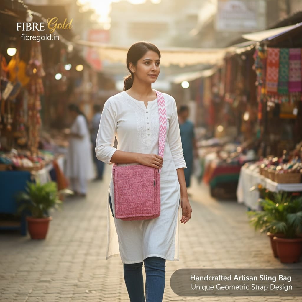 Fibre Gold Handmade Pink Hemp Sling Bag | Eco-Friendly Crossbody Shoulder Bag