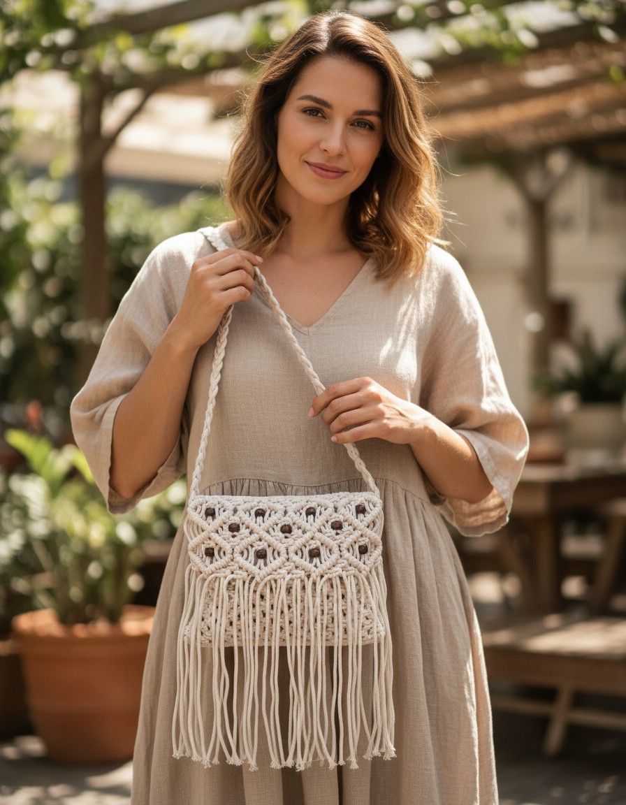 Fibre Gold Handwoven Macrame Crossbody Bag white