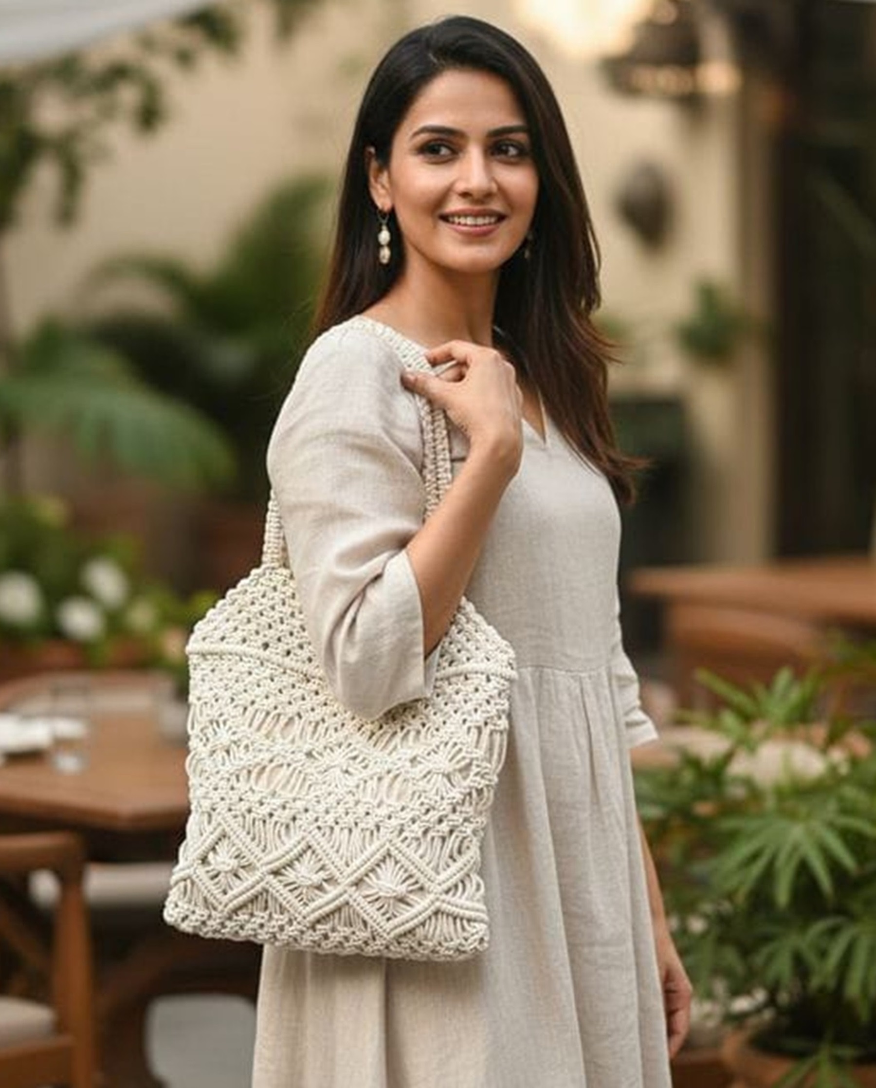 FIBERGOLD Handcrafted Tote Bag for Women White