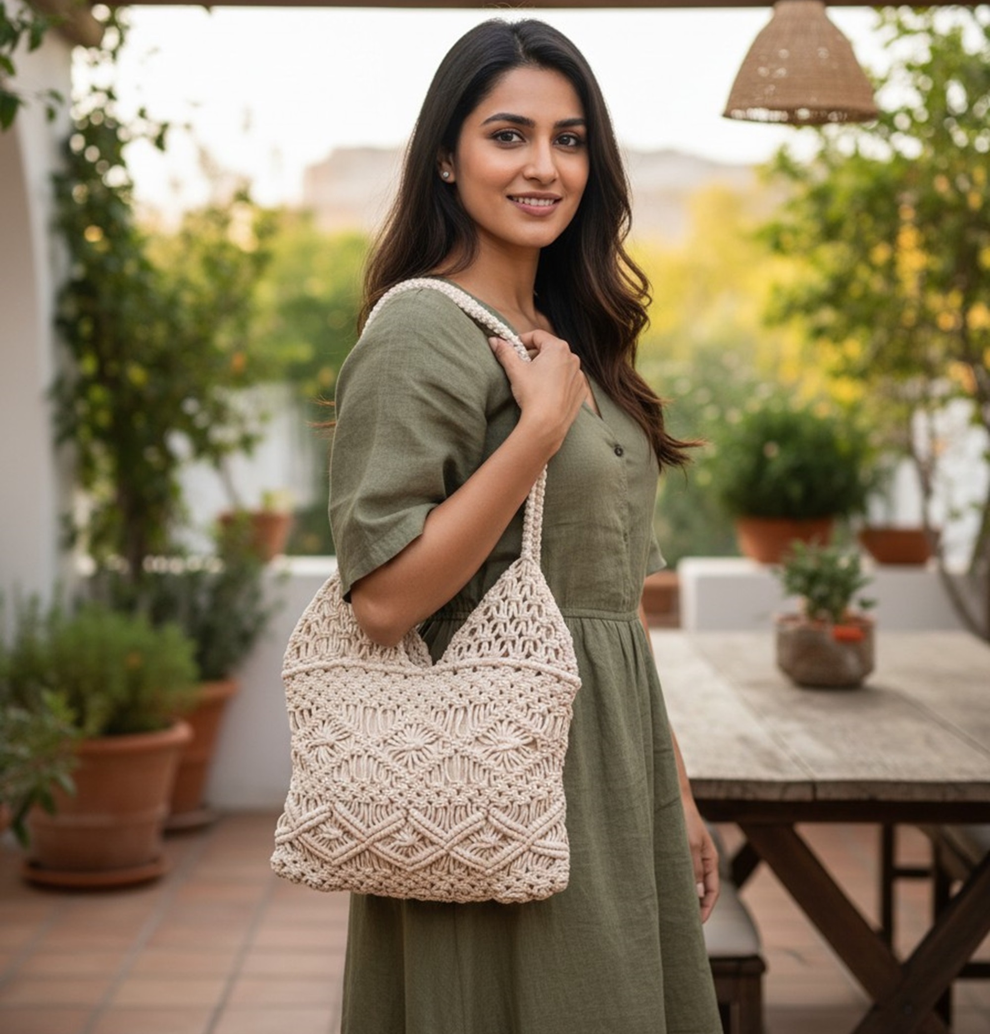FIBERGOLD Handcrafted Tote Bag for Women Beige - Image 4