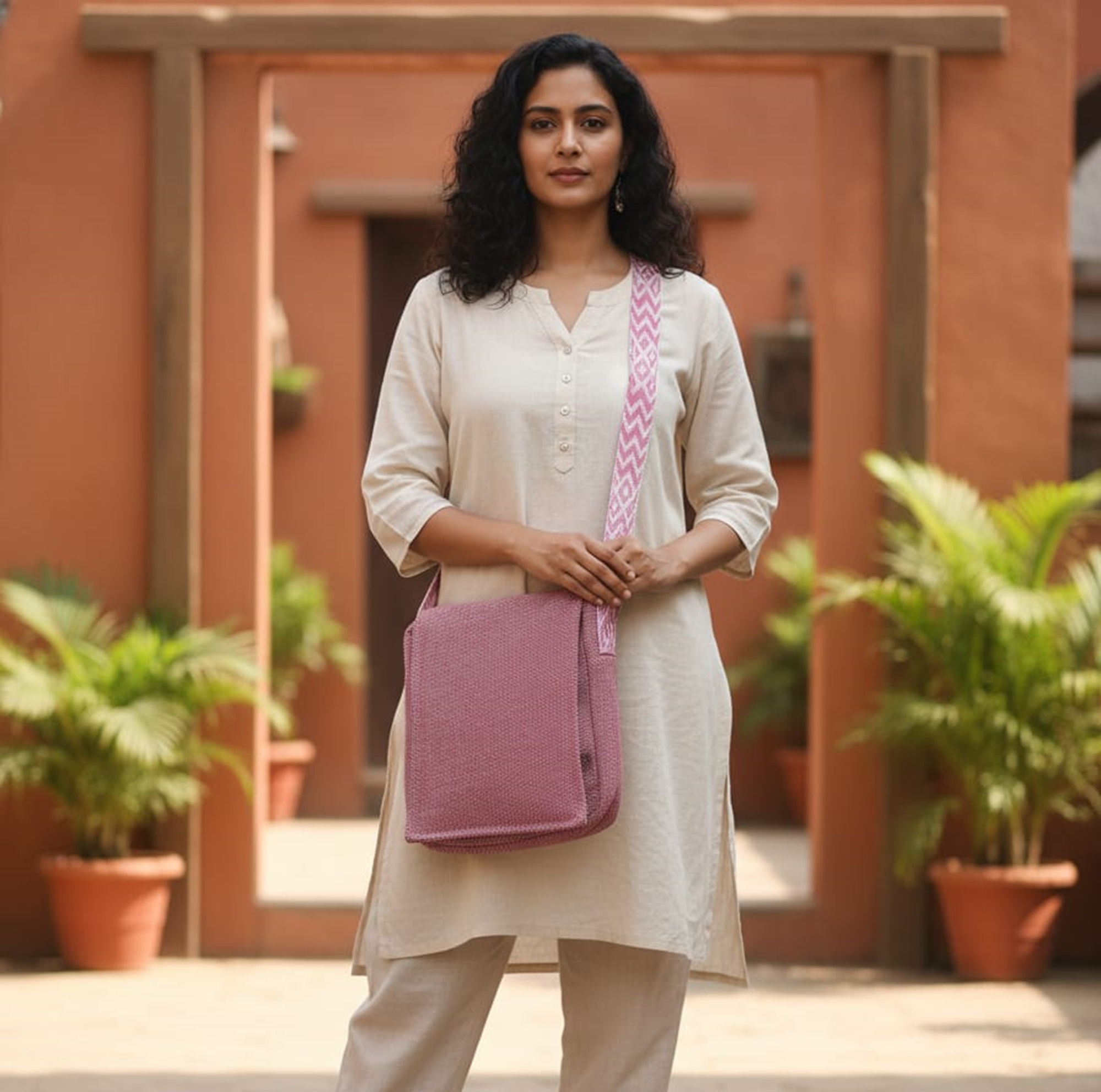 Fibre Gold Handmade Pink Hemp Sling Bag | Eco-Friendly Crossbody Shoulder Bag - Image 2