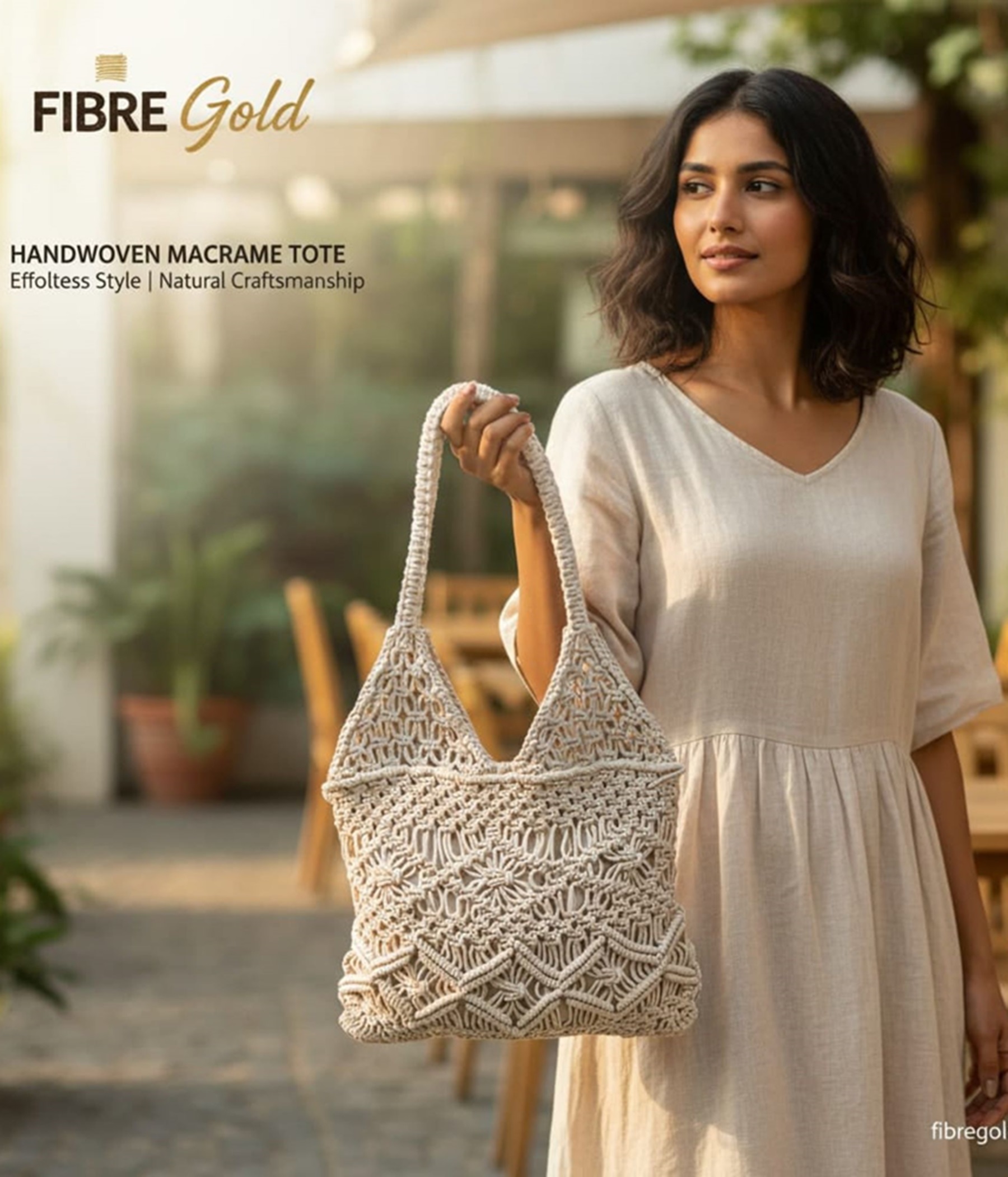 FIBERGOLD Handcrafted Tote Bag for Women Beige