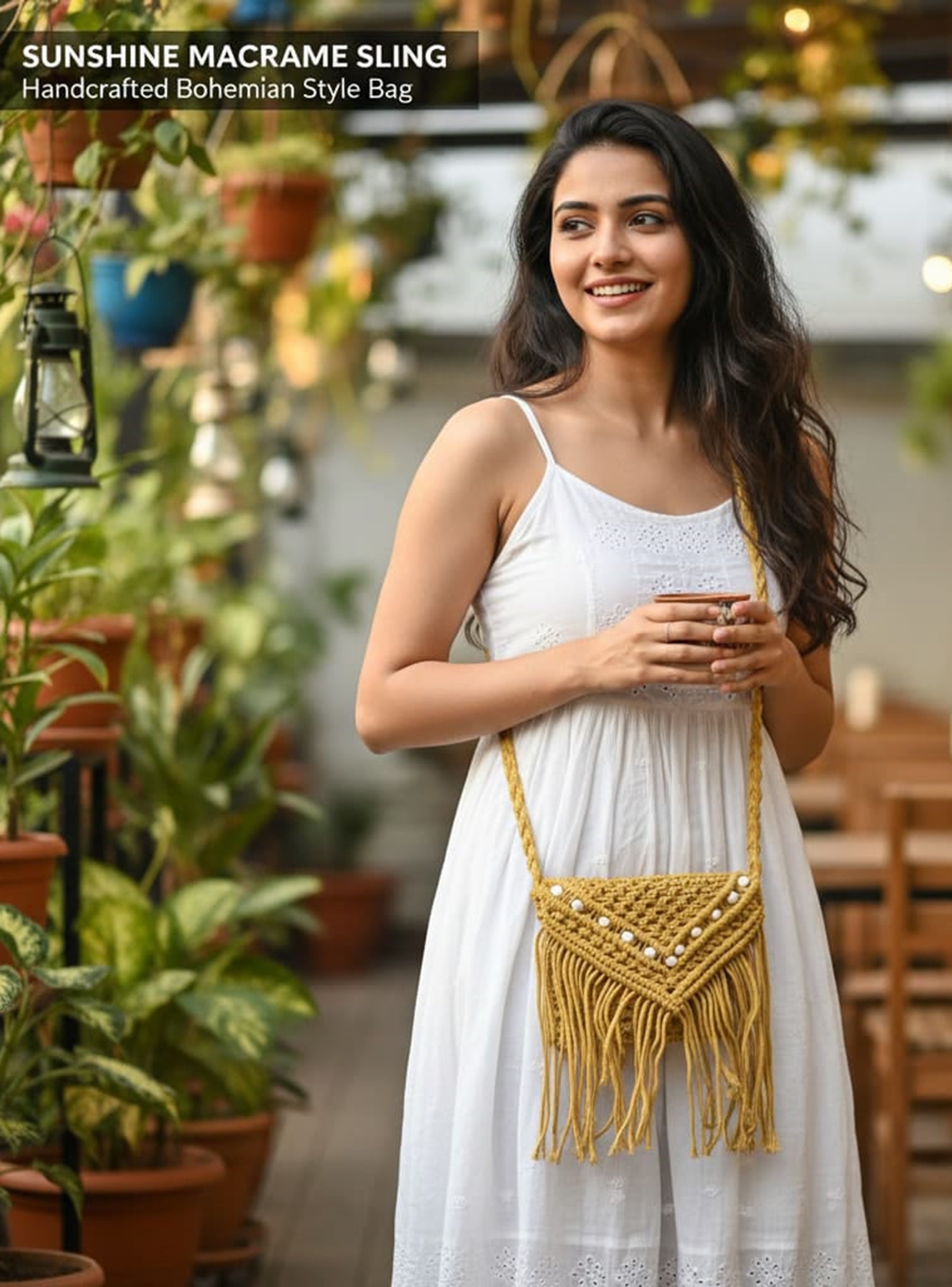 Fibre Gold Handwoven Macrame Crossbody Bag yellow